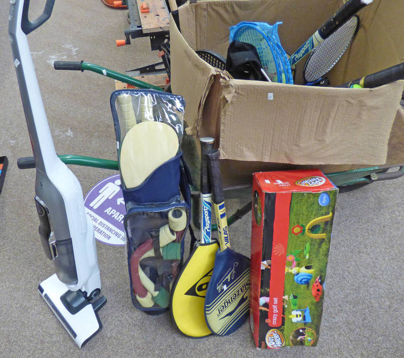 SELECTION OF SPORTS EQUIPMENT AND TOOLS TO INCLUDE A WHEEL BARROW, TENNIS RACKETS,