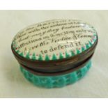 19TH CENTURY ENAMELLED PILL BOX WITH TOP MARKED "MAY THE BOSOM OF THE BRITISH FAIR GLOW WITH THE