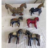 7 CARVED MIDDLE EASTERN HORSE FIGURES, ONE INSERT WITH HARDSTONE, ONE WITH MOTHER OF PEARL SADDLE,