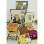 VARIOUS ITEMS TO INCLUDE POSTCARDS, FRAMED CIGARETTE CARDS, CARVED FIGURE, EPNS CUTLERY,