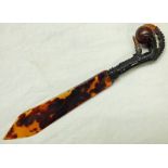 19TH CENTURY TORTOISESHELL LETTER OPENER WITH HANDLE IN THE FORM OF A CLAW HOLDING A SPHERE,
