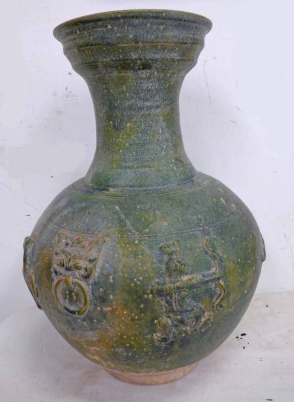 HAN DYNASTY STYLE GLAZED FLU WITH HUNTING FRIEZE AND TAOTITE HANDLES, 43.