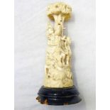 19TH CENTURY CARVED HINDUSIM SCENE WITH ANIMALS, GRANESH AND VARIOUS OTHER FIGURES ON A WOOD BASE,
