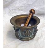 MIDDLE EASTERN BRONZE MORTAR & PESTLE 7CM TALL X 11.