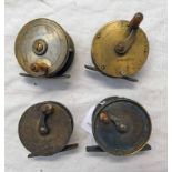 3 BRASS SIDE CRANK REELS AND ONE BRASS REEL,