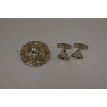 SCOTTISH SILVER BROOCH WITH VIKING LONG BOAT CENTRE PANEL BY ROBERT ALLISON, GLASGOW,