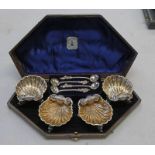 CASED SET OF 4 SILVER SHELL SALTS ON DOLPHIN SUPPORTS,