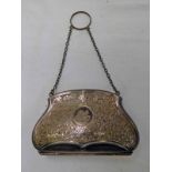 SILVER EXPANDING PURSE WITH ENGRAVED DECORATION & LEATHER INTERIOR,