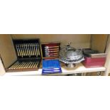 SELECTION OF SILVER PLATED WARE INCLUDING CASED CUTLERY ,