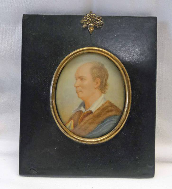 FRAMED PORTRAIT MINIATURE OF OLIVER GOLDSMITH - 8 X 6.