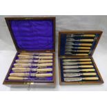 MAHOGANY & WALNUT CASED SET OF 18 PAIRS OF SILVER PLATED FISH KNIVES & FORKS,