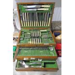 BRASS BOUND OAK CAMPAIGN CANTEEN CABINET WITH A 12 PLACE SILVER PLATED CUTLERY SET