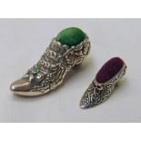 TWO PIN CUSHIONS IN THE SHAPE OF A SHOE, ONE MARKED STERLING 925,
