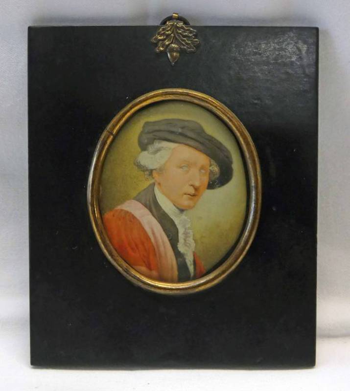 FRAMED PORTRAIT MINIATURE OF A GENTLEMAN IN A UNIVERSITY GOWN & CAP WITH LABEL TO REVERSE SIR