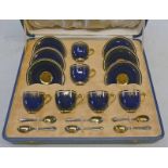 CASED SET OF 6 ROYAL WORCESTER CUPS & SAUCERS BLUE WITH GILDED INTERIORS 6 SILVER SPOONS,