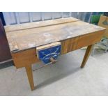 OAK WORK BENCH WITH 'WOODEN' VICE ON SQUARE SUPPORTS.