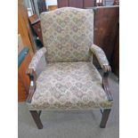 MAHOGANY FRAMED OPEN ARMCHAIR OF SQUARE REEDED SUPPORTS