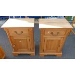 PAIR OF PINE BEDSIDE CABINETS WITH SINGLE DRAWER OVER PANEL DOOR ON BRACKET SUPPORTS.