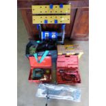 WORK BENCH, 2 PAIRS OF WORK BOOTS, WORK GLOVES, HAMMER DRILL,