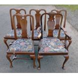 SET OF 5 LATE 19TH CENTURY WALNUT DINING CHAIRS ON QUEEN ANNE SUPPORTS INCLUDING OPEN ARMCHAIR