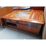 MAHOGANY COFFEE TABLE WITH MARBLE INSERT, 2 LIFT UP LIDS AND SINGLE DRAWER ON TURNED SUPPORTS.