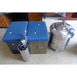 2 BRASS COAL BOXES WITH BLUE PADDED TOPS,