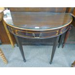 EARLY 20TH CENTURY CROSS-BANDED MAHOGANY D-END TABLE WITH SINGLE DRAWER ON TAPERED SUPPORTS,