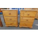 PAIR OF PINE BEDSIDE CHEST OF 3 DRAWERS ON BUN FEET .