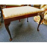 MAHOGANY RECTANGULAR TAPESTRY TOPED STOOL ON QUEEN ANNE SUPPORTS.