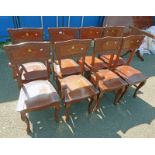 SET OF 8 EASTERN HARDWOOD DINING CHAIRS WITH DECORATIVE BRASS INLAY ON SHAPED SUPPORTS INCLUDING 2