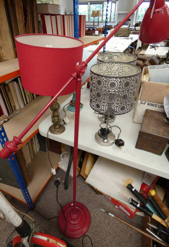 SELECTION OF VARIOUS TABLE LAMPS & SHADES TOGETHER WITH RED ANGLE POISE FLOOR LAMP