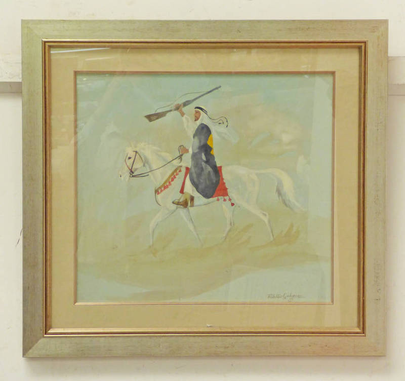 RALSTON GUDGEON, ARABIAN FIGURE ON HORSEBACK, SIGNED, FRAMED WATERCOLOUR,