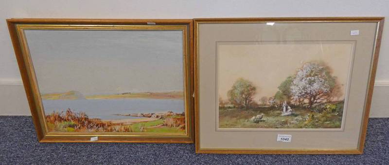 GILT FRAMED WATERCOLOUR OF WOMEN WITH SHEEP BY TOM CAMPBELL AND GILT FRAMED OIL PAINTING OF A