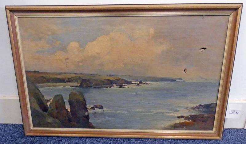 BUNTING COASTAL SCENE FRAMED OIL PAINTING SIGNED 44 X 75CM Condition Report: Poor