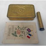WW1 CHRISTMAS 1914 TIN AND A WW1 POSTCARD AND A OIL BOTTLE -3-