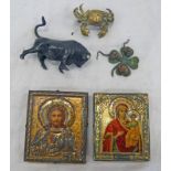 TWO TIN RUSSIAN RELIGIOUS FIGURE ICONS,