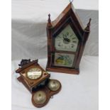 MAHOGANY MANTLE CLOCK WITH PAINTED GLASS PANEL TO DOOR AND A WURTTEMBERG MADE WALL CLOCK -2-