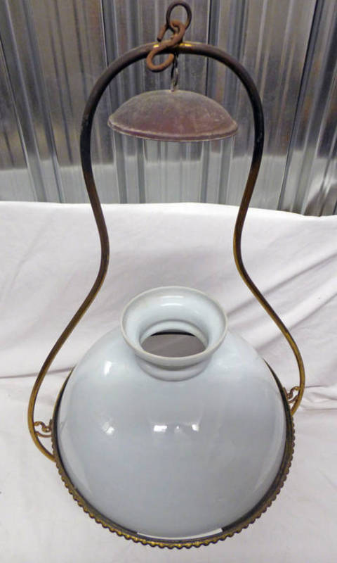 BRASS PARAFFIN LAMP HANGING FRAME WITH WHITE GLASS SHADE