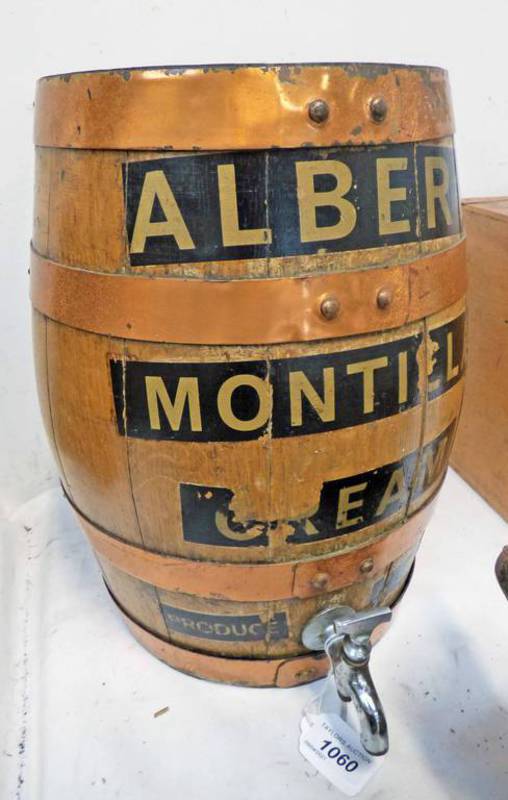 MINIATURE 4 BAND WOODEN WHISKY/SPIRIT CASK MARKED 'ALBERTO MONTILLA CREAM PRODUCE OF SPAIN' 35.