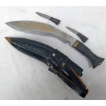 INDIAN KUKRI WITH 28CM CHARACTERISTIC BLADE WITH ITS LEATHER SCABBARD AND TWO SMALLER BLADES