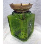 GREEN GLASS LANTERN WITH GILT METAL COLLAR MOUNT Condition Report: Large crack and