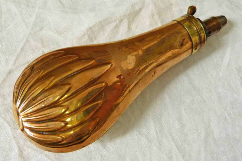 19TH CENTURY COPPER SHOT FLASK WITH BRASS NOZZLE MARKED DIXON & SONS