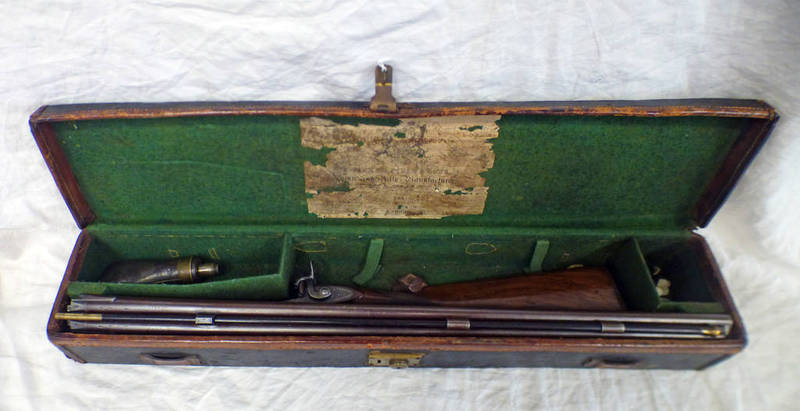 CASED 25 BORE PERCUSSION DOUBLE BARRELLED SPORTING GUN BY PARKER FIELD & SONS 233 HIGH HOLBURN,