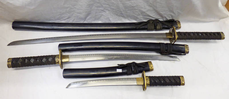 3 ANCIENT WARRIOR T.M SAMURAI SWORDS Condition Report: TM stands for trade mark.