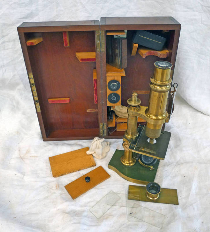 BRASS MICROSCOPE IN FITTED CASE WITH ACCESSORIES