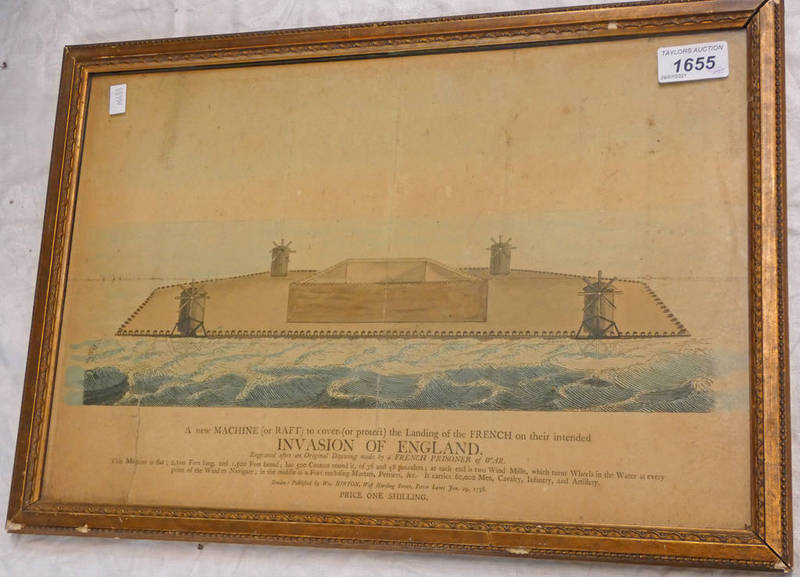 GILT FRAMED HAND COLOURED PLATE "A NEW MACHINE (OR RAFT) TO COVER (OR PROTECT) THE LANDING OF THE