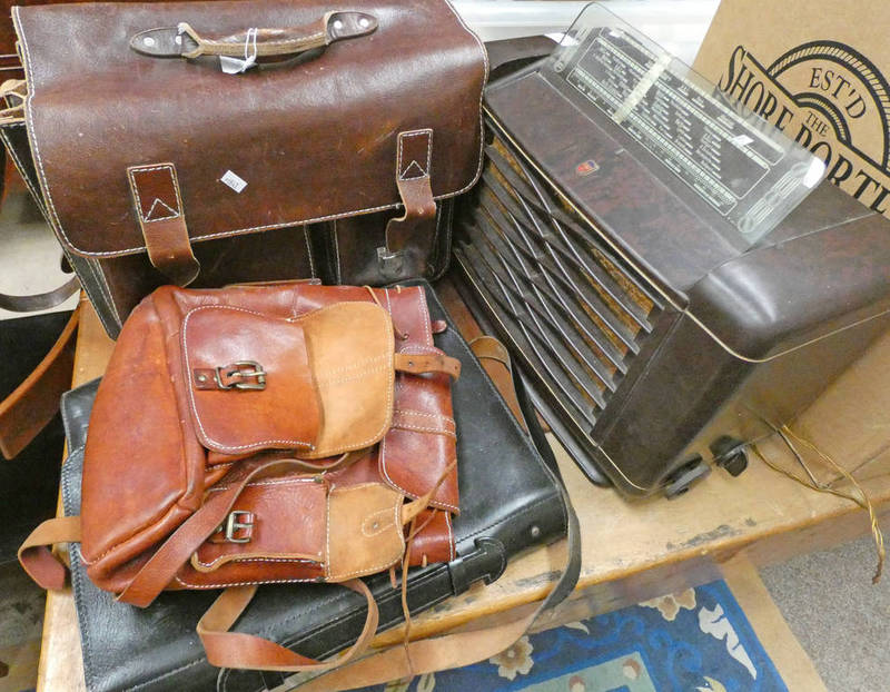 PHILIPS RADIO AND A SELECTION OF LEATHER BAGS / SATCHELS