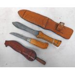 TWO HUNTING KNIVES WITH LEATHER SCABBARDS ONE WITH DECORATION TO BLADE -2-