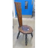 LATE 19TH CENTURY SPINNING CHAIR WITH DECORATIVE POKER WORK ON TURNED SUPPORTS,