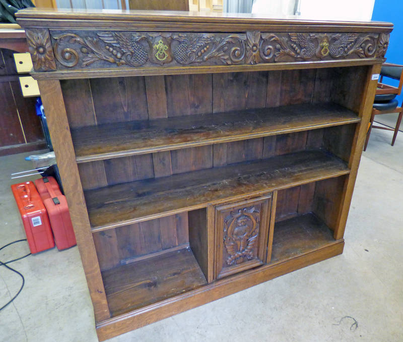 19TH CENTURY CARVED OAK OPEN BOOKCASE WITH 2 DRAWERS & PANEL DOOR,